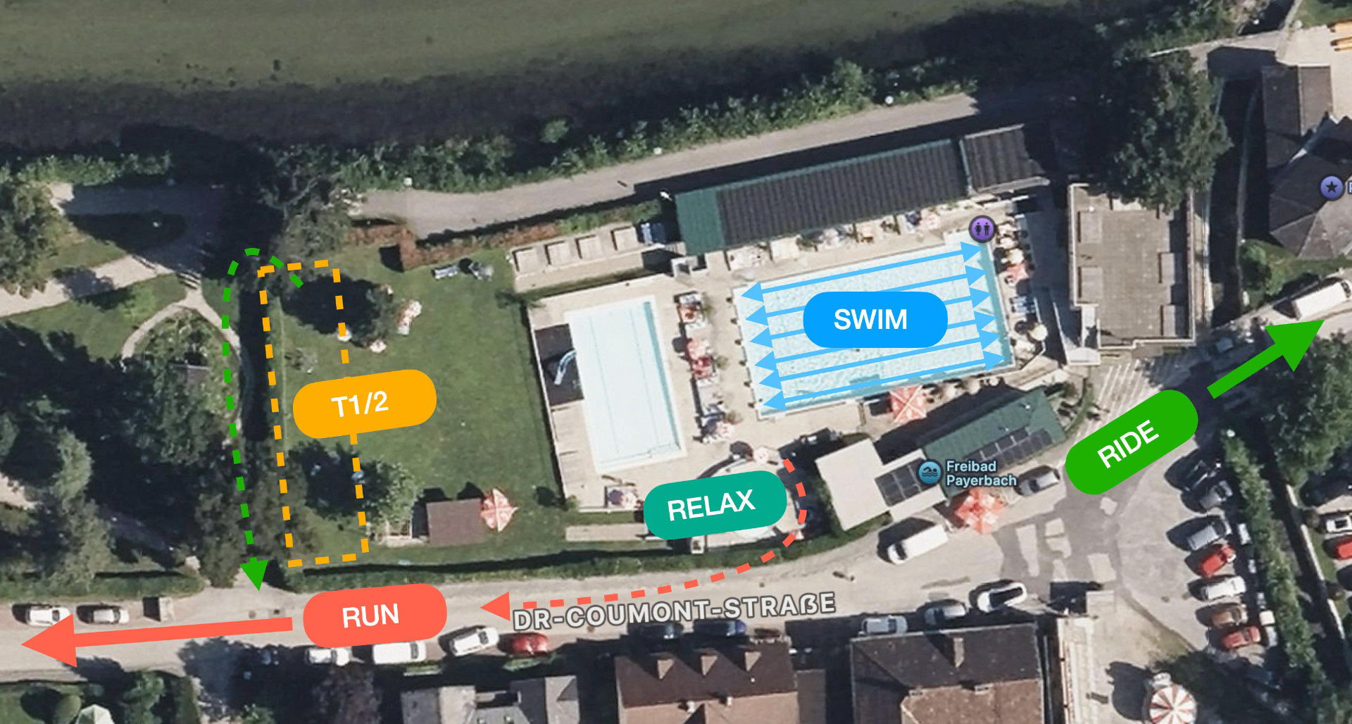 Lageplan Basecamp Freibad Payerbach mit Swim, Wechselzone T1/2, Ride-Start, Run-Start und Relax-Zone